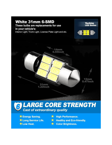 Bombillas LED Festoon Yorkim 31mm 12V Blancas Paquete de 2