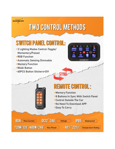 Panel de Interruptores Auxbeam RC800 8 Gang Inalámbrico RGB 12V/24V