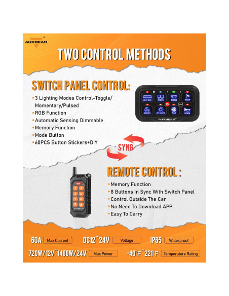Panel de Interruptores Auxbeam RC800 8 Gang Inalámbrico RGB 12V/24V