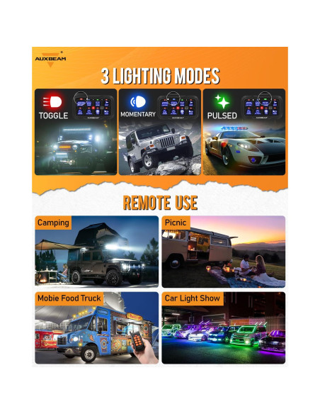 Panel de Interruptores Auxbeam RC800 8 Gang Inalámbrico RGB 12V/24V