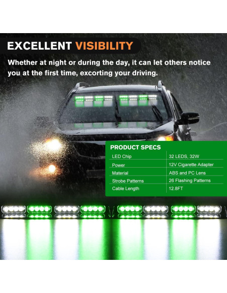 Luces Strobe de Emergencia Nilight 32 LEDs Verde y Blanco