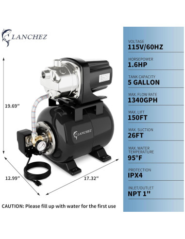 Bomba de Pozo Superficial Lanchez 1.6HP con Tanque 18.93L