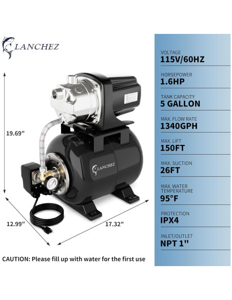 Bomba de Pozo Superficial Lanchez 1.6HP con Tanque 18.93L