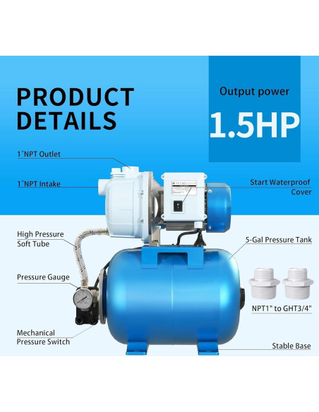 Bomba de Pozo Superficial FOTING 1.5HP con Tanque 5 Gal