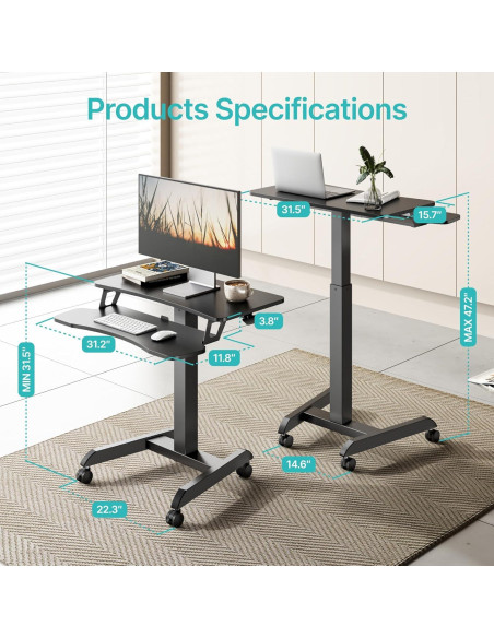Escritorio Rodante de Pie PEGZONE Ajustable 80x70cm Negro