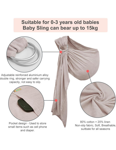 Portabebés de Anillo Doble Vrbabies Algodón Lino Gris Claro