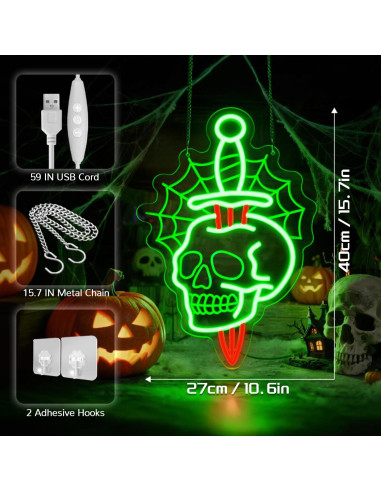 Luz de Neón Calavera con Daga Sneignon 40x27cm Halloween