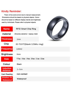 Anillo inteligente RFID T5577 Hecere 18mm Cerámica Negra 2