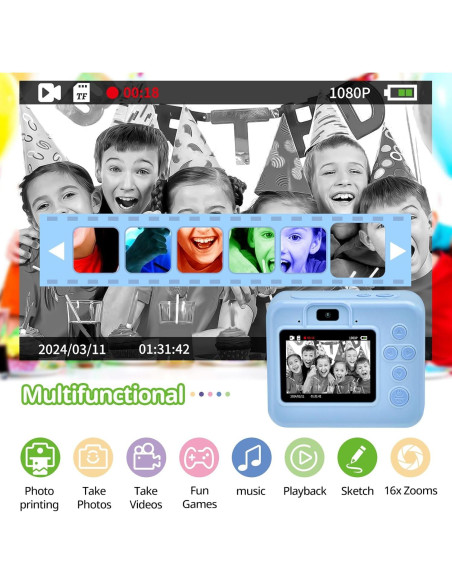 Cámara Instantánea para Niños Azul 1080P HD con Papel y 32G