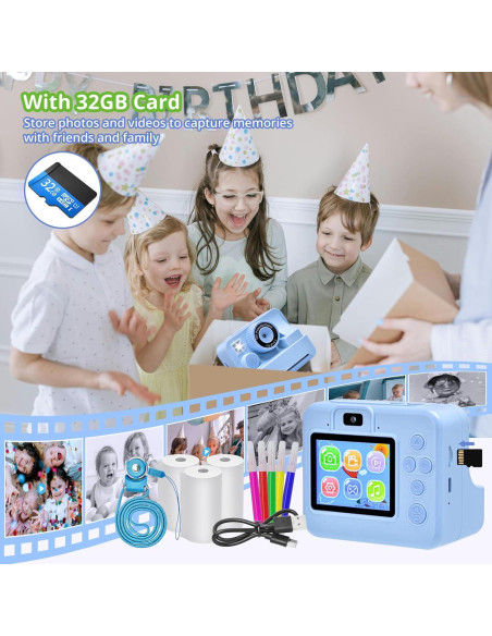 Cámara Instantánea para Niños Azul 1080P HD con Papel y 32G