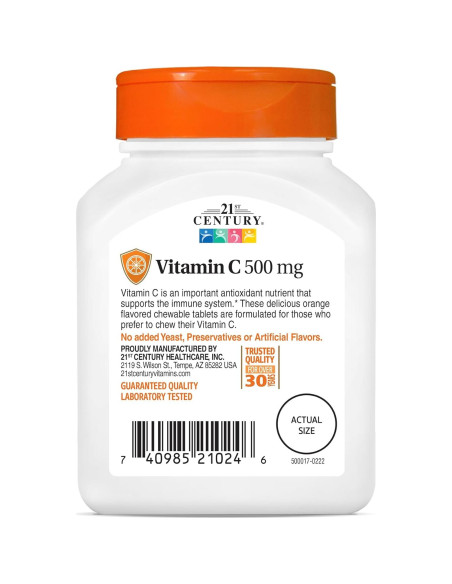 Tabletas Masticables de Vitamina C 500 mg 21st Century Naranja 110 Unidades
