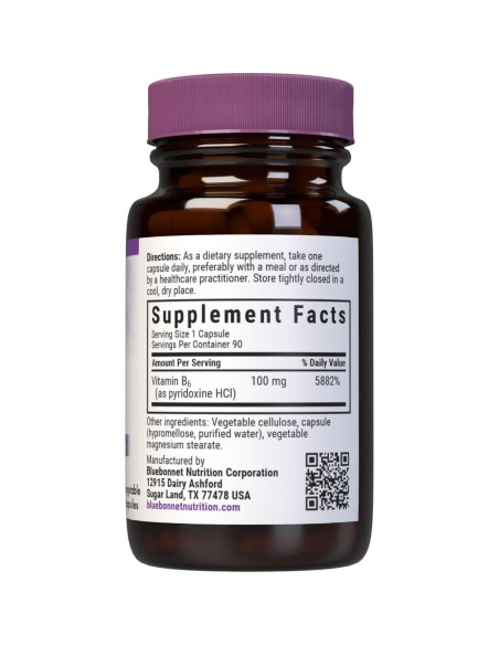 Vitamina B6 100 mg BlueBonnet - 60 Cápsulas Veganas Sin Gluten
