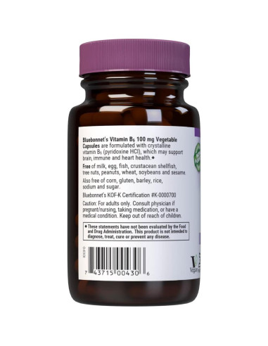 Vitamina B6 100 mg BlueBonnet - 60 Cápsulas Veganas Sin Gluten