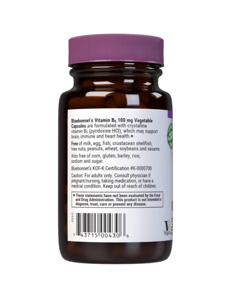 Vitamina B6 100 mg BlueBonnet - 60 Cápsulas Veganas Sin Gluten