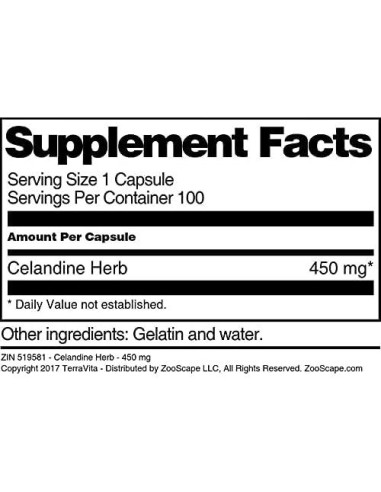 Cápsulas de Hierba de Celandina 450 mg TerraVita - 100 Unidades