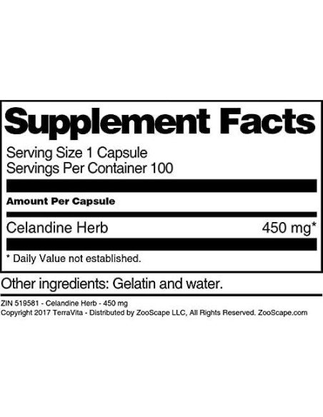 Cápsulas de Hierba de Celandina 450 mg TerraVita - 100 Unidades