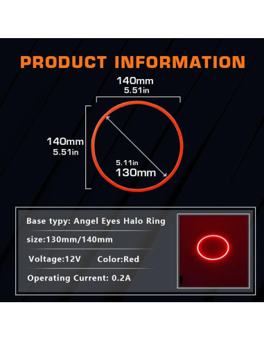 Anillos Halo de Ojos de Ángel Juren 140mm LED Rojo