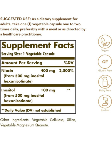 Solgar Niacina No-Flush 500 mg 250 Cápsulas Veganas - Metabolismo Energético