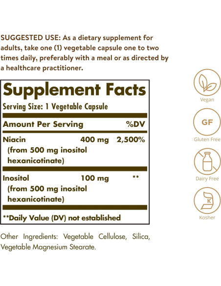 Solgar Niacina No-Flush 500 mg 250 Cápsulas Veganas - Metabolismo Energético