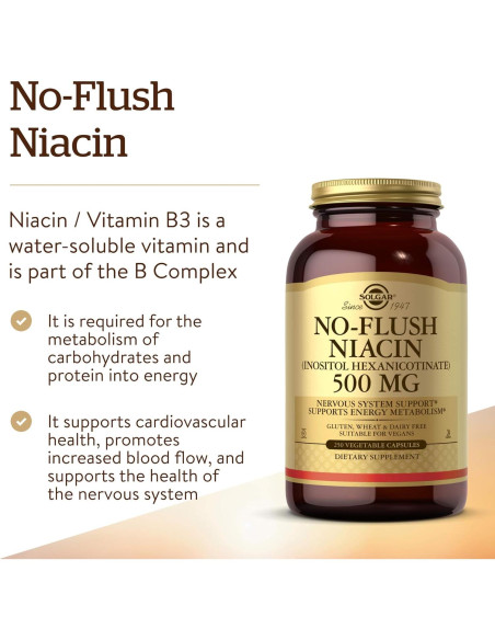 Solgar Niacina No-Flush 500 mg 250 Cápsulas Veganas - Metabolismo Energético