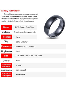 Anillo inteligente RFID T5577 Hecere 17mm Cerámica Negra 2