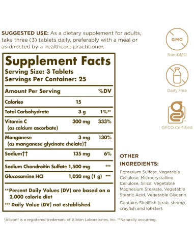 Suplemento Articular Solgar Glucosamina y Condroitina 75 Tabletas