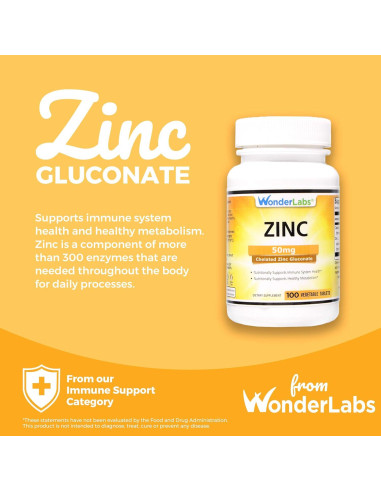 Gluconato de Zinc Quelado 50 mg Wonder Laboratories - 100 Tabletas Vegetarianas