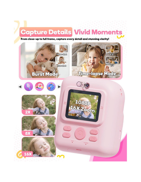Cámara Instantánea Doble HD 1080P Ziegoal para Niños Rosa