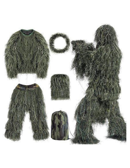 Traje Ghillie 5 en 1 Camuflaje 3D Unisex para Caza y Disfraces