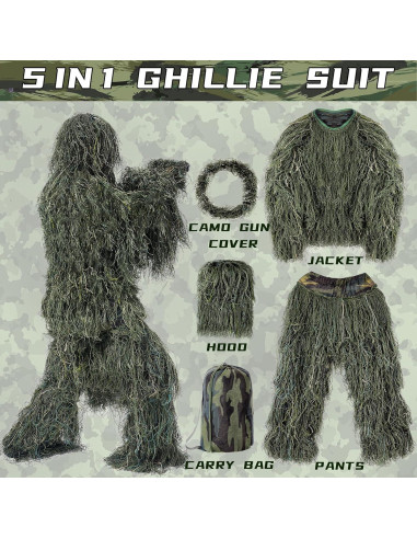 Traje Ghillie 5 en 1 Camuflaje 3D Unisex para Caza y Disfraces