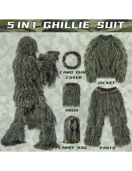 Traje Ghillie 5 en 1 Camuflaje 3D Unisex para Caza y Disfraces