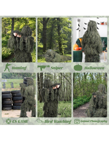 Traje Ghillie 5 en 1 Camuflaje 3D Unisex para Caza y Disfraces