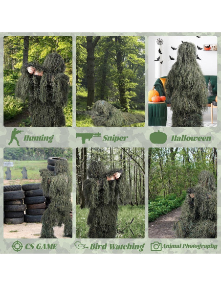Traje Ghillie 5 en 1 Camuflaje 3D Unisex para Caza y Disfraces