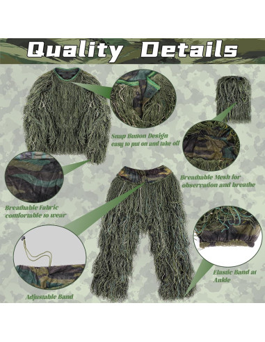 Traje Ghillie 5 en 1 Camuflaje 3D Unisex para Caza y Disfraces