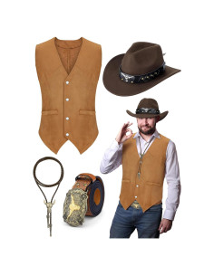 Traje de Vaquero Completo para Hombre - Chaleco, Sombrero, Cinturón y Corbata Bolo
