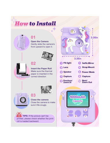 Cámara Instantánea para Niños Ziegoal 1080P Púrpura