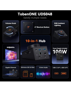 Dock USB-C 10 en 1 TobenONE con HDMI 4K, 100W PD, 5 Botones 2