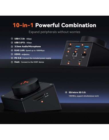 Dock USB-C 10 en 1 TobenONE con HDMI 4K, 100W PD, 5 Botones