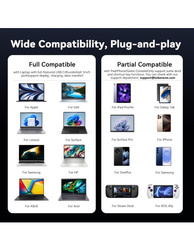 Dock USB-C 10 en 1 TobenONE con HDMI 4K, 100W PD, 5 Botones