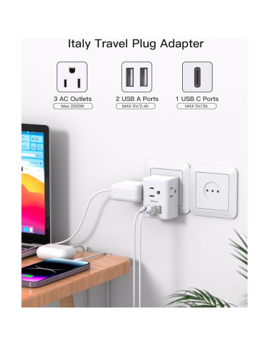 Adaptador de corriente MIFASOPOWER Tipo L para Italia y Chile