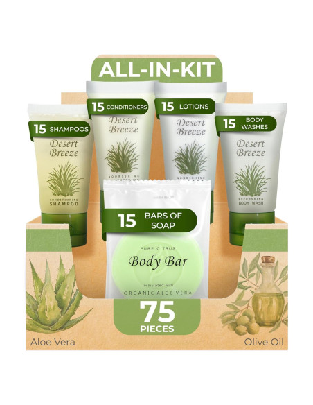 Kit de Amenidades de Hotel Desert Breeze | 75 Piezas | 30ml Champú, Acondicionador, Gel de Baño, Jabón