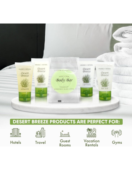 Kit de Amenidades de Hotel Desert Breeze | 75 Piezas | 30ml Champú, Acondicionador, Gel de Baño, Jabón