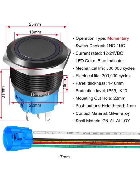 Botón Pulsador Momentáneo Gebildet 22mm IP65 LED Azul