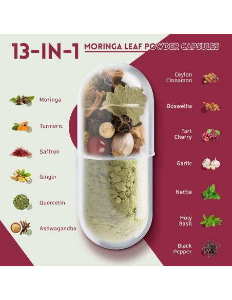 Cápsulas de Moringa 13 en 1 Vivcmin - Suplemento Herbal 120 Unidades