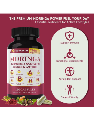 Cápsulas de Moringa 13 en 1 Vivcmin - Suplemento Herbal 120 Unidades