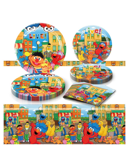 Suministros Fiesta Cumpleaños Amigos de Sésamo - 20 Platos, 20 Servilletas, 1 Mantel