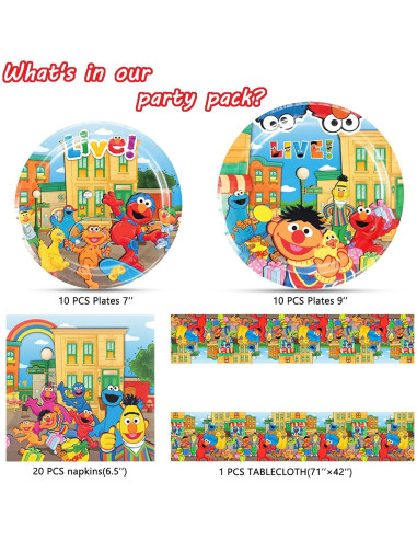 Suministros Fiesta Cumpleaños Amigos de Sésamo - 20 Platos, 20 Servilletas, 1 Mantel