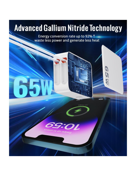 Cargador USB C Retráctil 65W 5 en 1 con Cables 1.18m