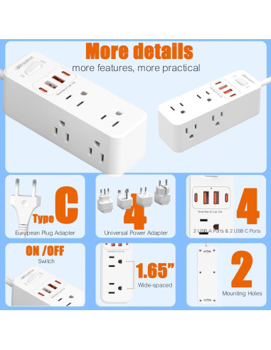 Adaptador de Enchufe de Viaje Universal WRXDMC 10-en-1 con 6 Salidas AC y 4 USB