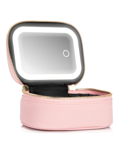 Bolsa de Maquillaje Pequeña Rosa con Espejo LED 3 Modos